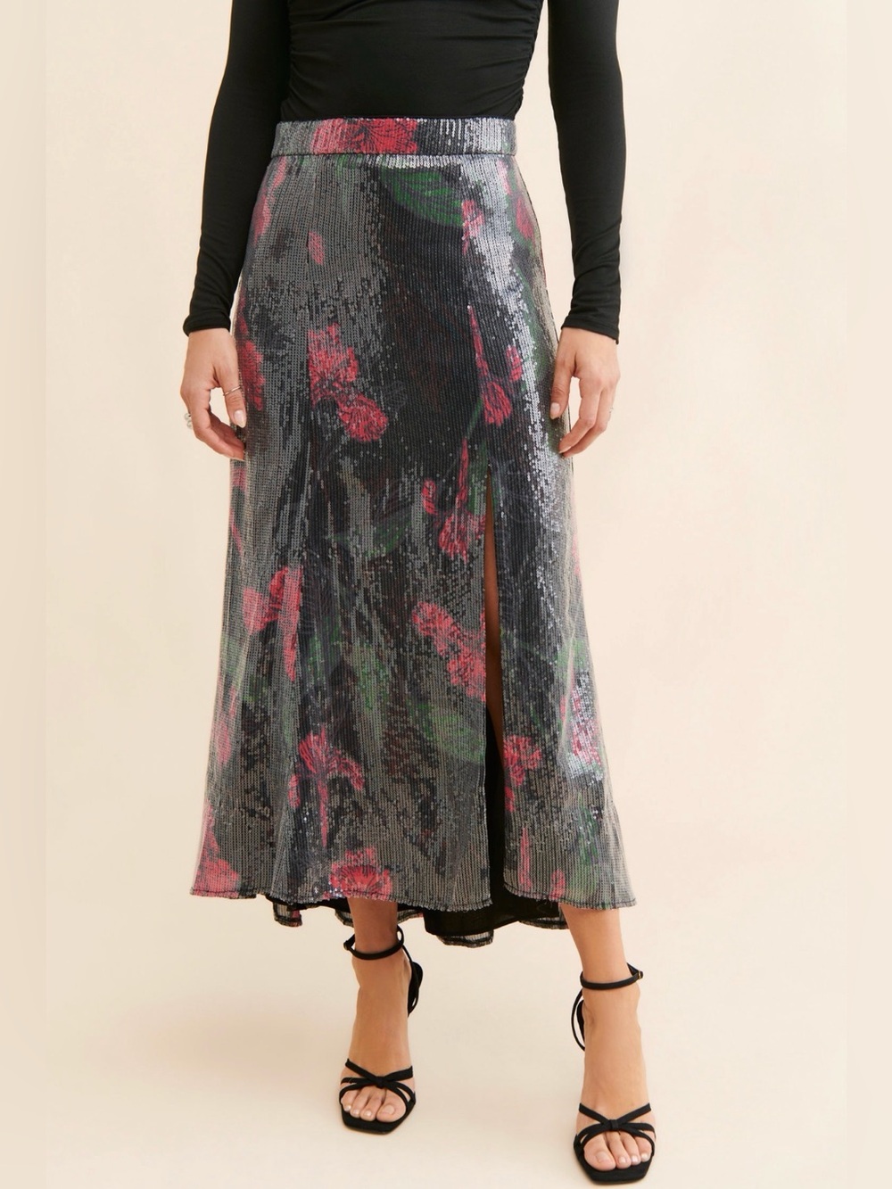 Anthropologie Hutch printed Sequin Floral Maxi Skirt Black, Pink, Green